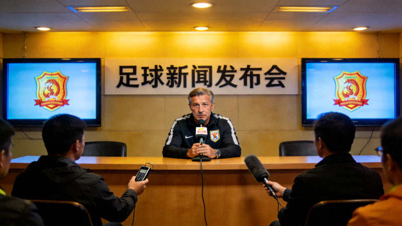 足球新闻发布厅现场，主教练在回答记者提问